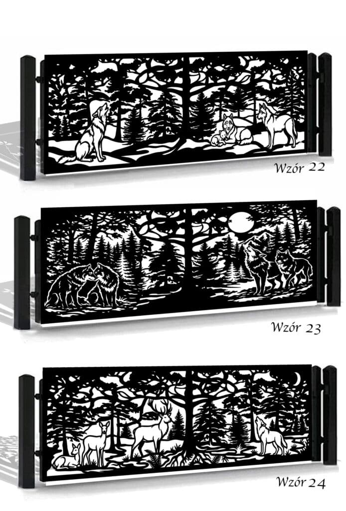 Artystyczny wzornik stalowych bram skrzydłowych z wycinanym laserowo motywem wilczej watahy, nowoczesne panele ogrodzeniowe CNC o wysokiej precyzji detali, autorski projekt metaloplastyki dla miłośników natury i lasu, Wolf Pack Gate Design, Custom Laser Cut, Schiebetor Wolfsmotiv, Zaunmuster.
