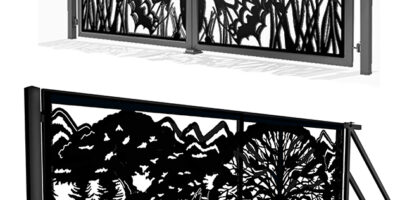 Projekt dwuskrzydłowej bramy CNC z motywem motyla i wilków, nowoczesne ogrodzenie dekoracyjne na wymiar, stal Corten, Butterfly and Wolf Gate Design, Schmetterling Zaun.