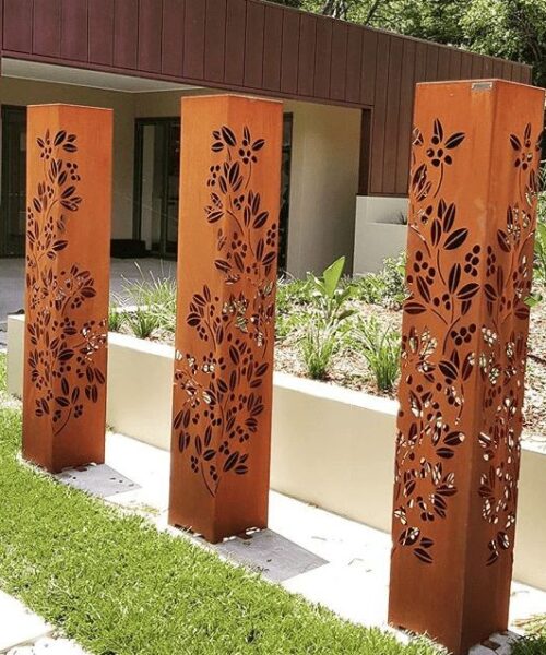 Trzy donice corten składane do ogrodu, nowoczesne donice metalowe, malowanie proszkowe, nowoczesny design, DXF, fence, Zaun