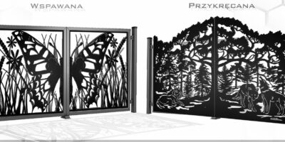 Nowoczesna brama dwuskrzydłowa CNC z motywem wilka i motyli, panele dekoracyjne wspawane w ramę oraz wersja przykręcana, solidne ogrodzenie metalowe, Wolf and Butterfly Wing Gate, Custom Ironwork, Flügeltor mit Wolfsmotiv, Zaunpanele.